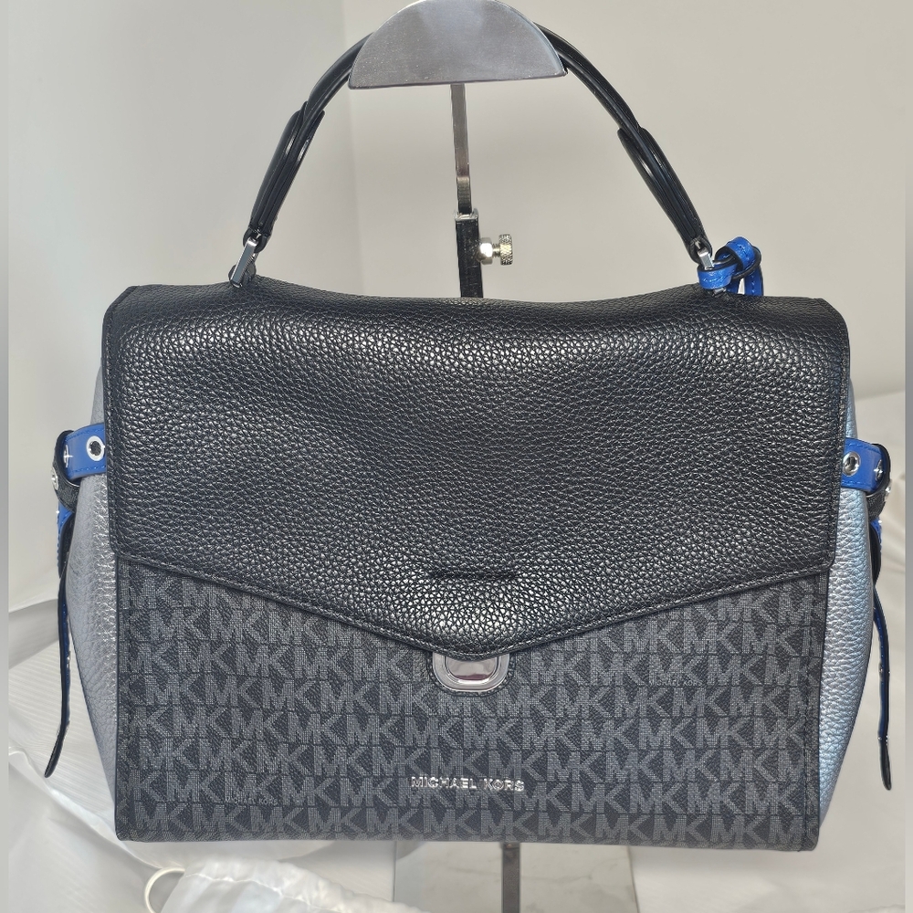 Michael Kors Bristol Satchel Small Black and Gray Handbag With Blue Accents